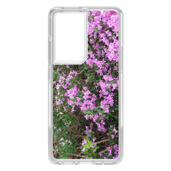DistinctInk Clear Shockproof Hybrid Case for Galaxy S21 ULTRA 5G (6.8" Screen) - TPU Bumper, Acrylic Back, Tempered Glass Screen Protector - Purple Flowers Mykonos Greece
