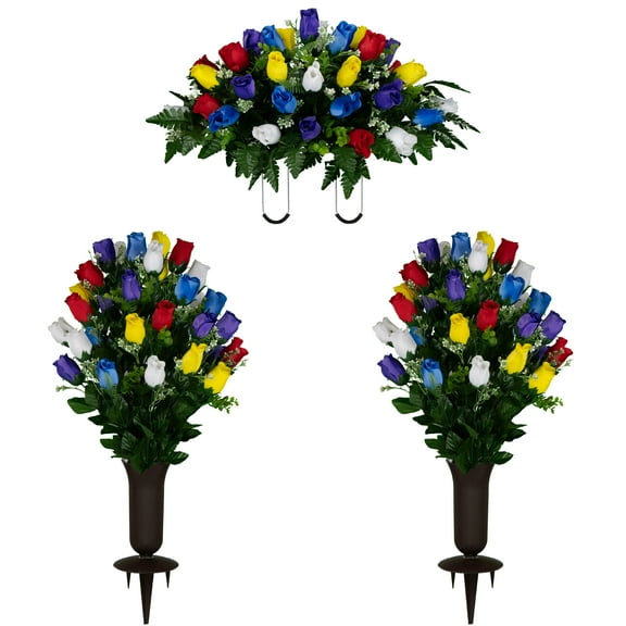 Sympathy Silks Artificial Cemetery Flowers Multi Color Rose Bud Bundle with Vase