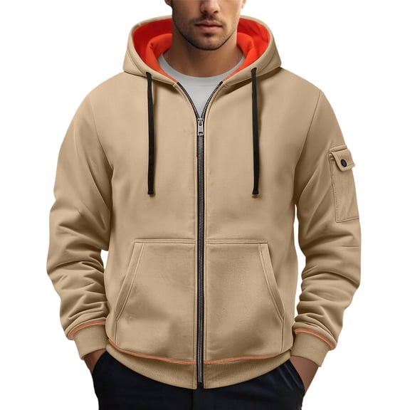 Mifsaly Zip Up Hoodie Men Long Sleeve Contrast Lined Hooded Sweatshirt with Pockets Fall Winter Daily Casual Outerwear Jacket Khaki,XXL