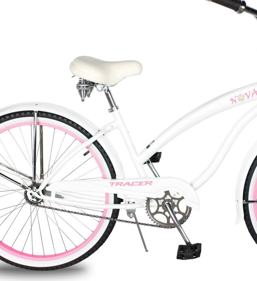WonderWheels Beach Cruiser Shimano Tx-35 7 Speed Bicycle, Bike, V-Brake Stainless Steel Spokes One Piece Crank Alloy Purple Rims 36 H With Fender - White