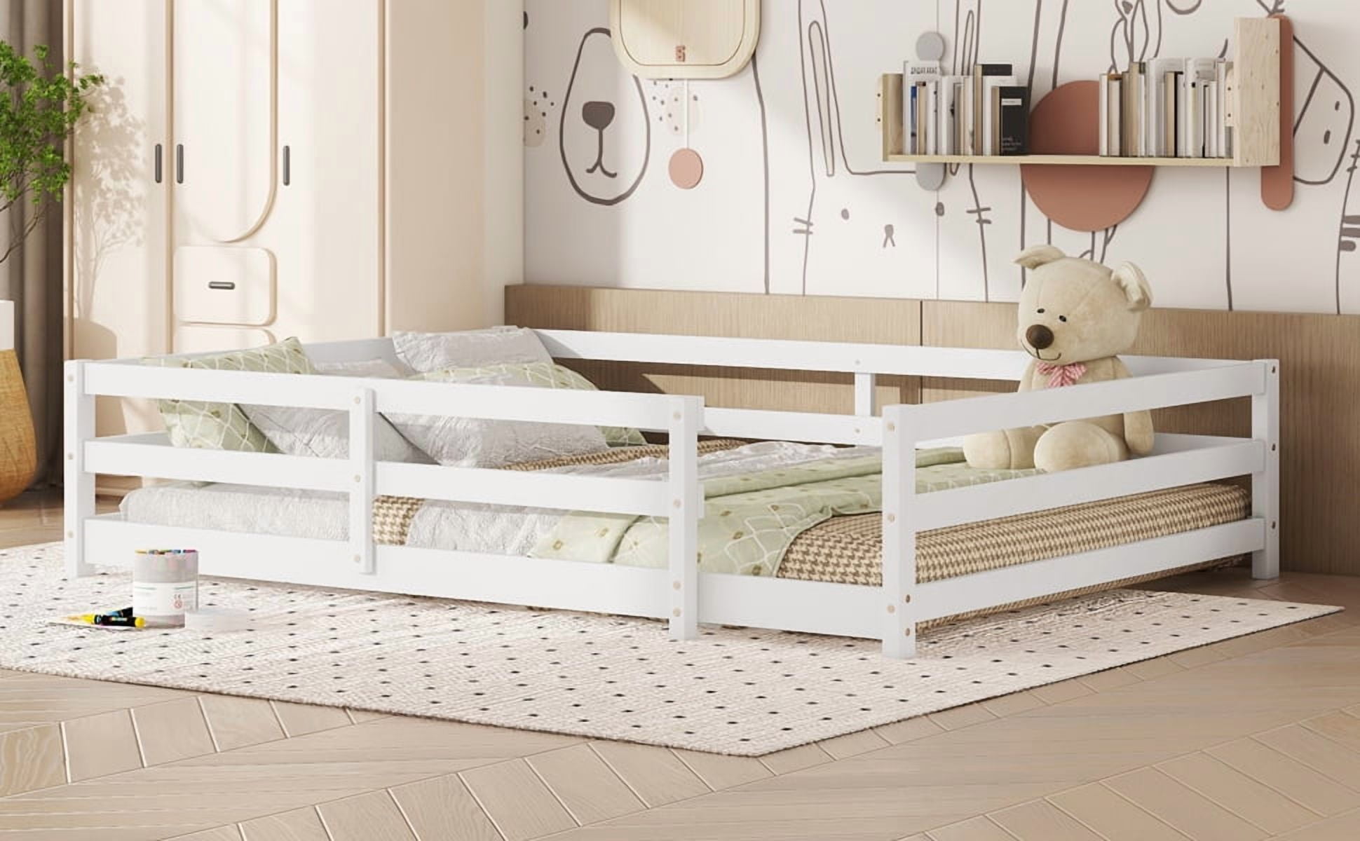 Full Size Floor Bed with Fence, Wood Floor Bed, White