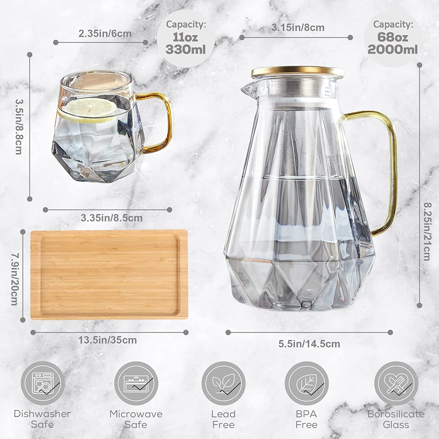 77oz Large Glass Water Pitcher with Gold Lid for Fridge Wide Handle Coffee Carafe for Party Water Jug Lemonade Iced Tea Jug Juice Sun Tea Jar for