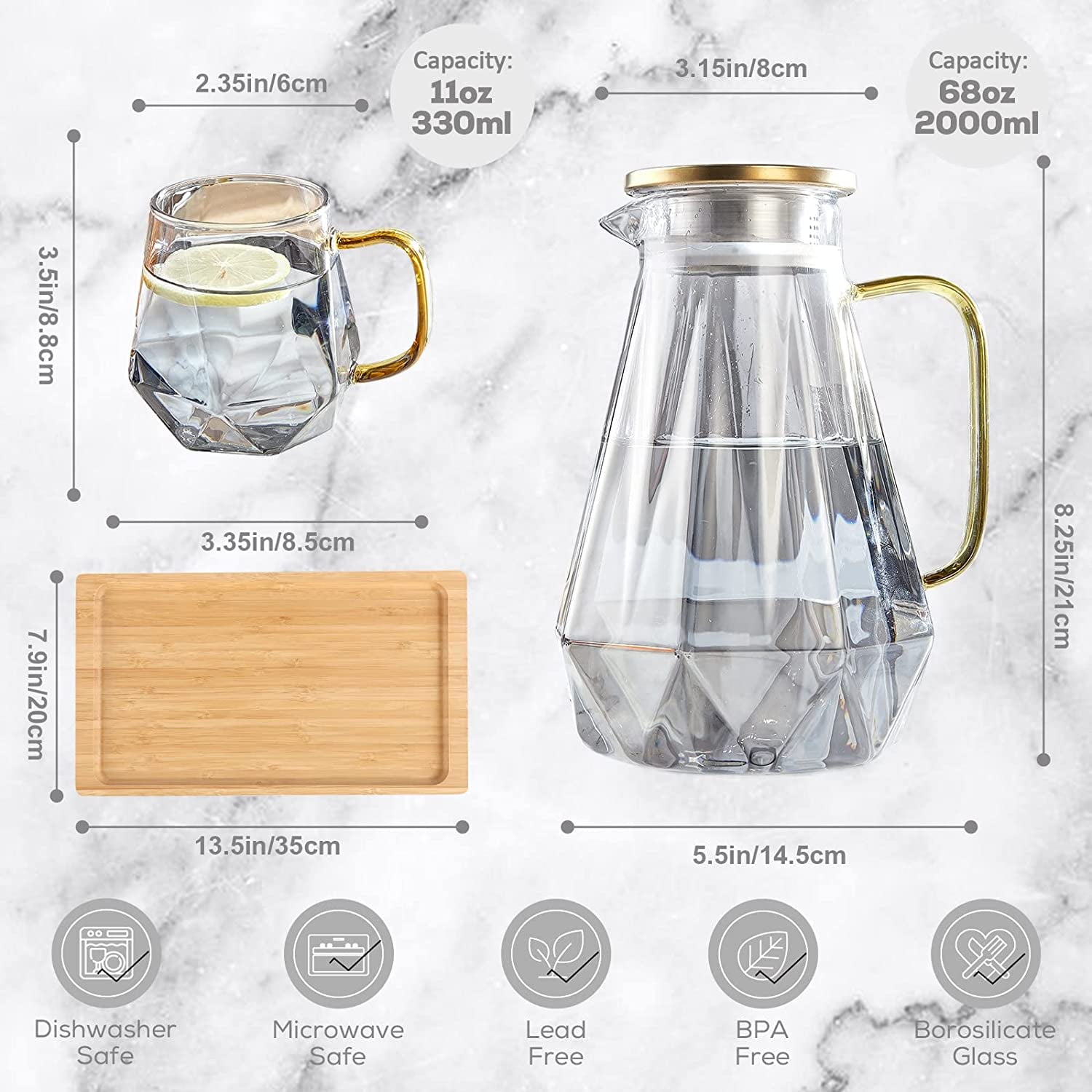 DUJUST Black Diamond Glass Pitcher with 4 Cups, 1 Tray, Elegant Design Water Pitcher with Handle, Decoration for Room, High Durability Water Glass Carafe for Ice Tea Pot, Beverage, Hot/Cold Coffee
