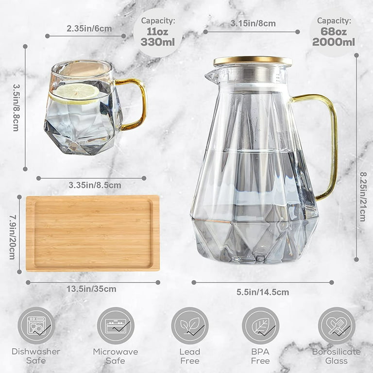 DUJUST Glass Pitcher with Lid & Spout (68 oz), Elegant Diamond Design Water  Pitcher with Handle, High Durability Glass Jug for Fridge, Glass Carafe