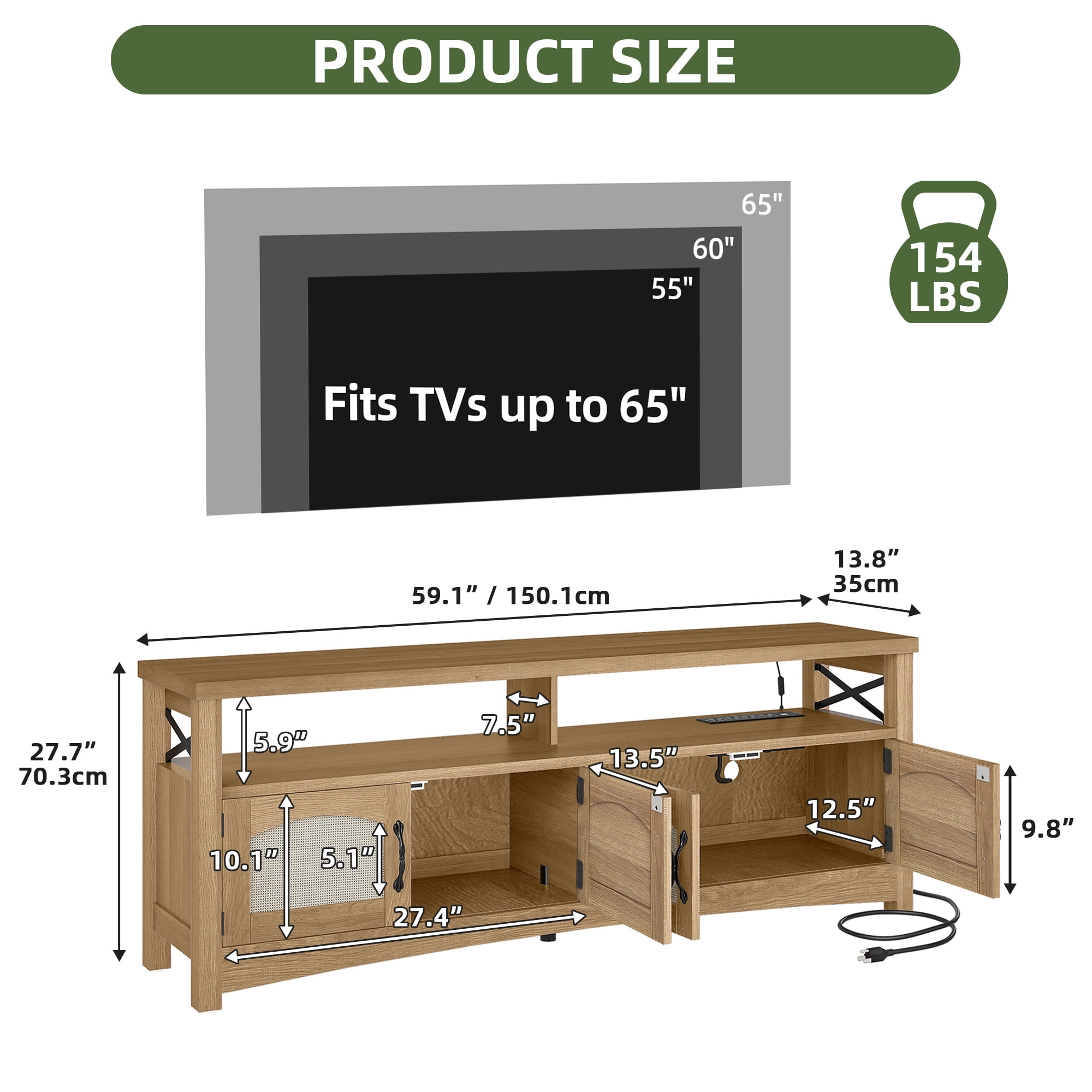 Uforic Farmhouse TV Stand for 65 inch TV, Entertainment Center with LED Light, TV Media Console Cabinet, 59" Oak