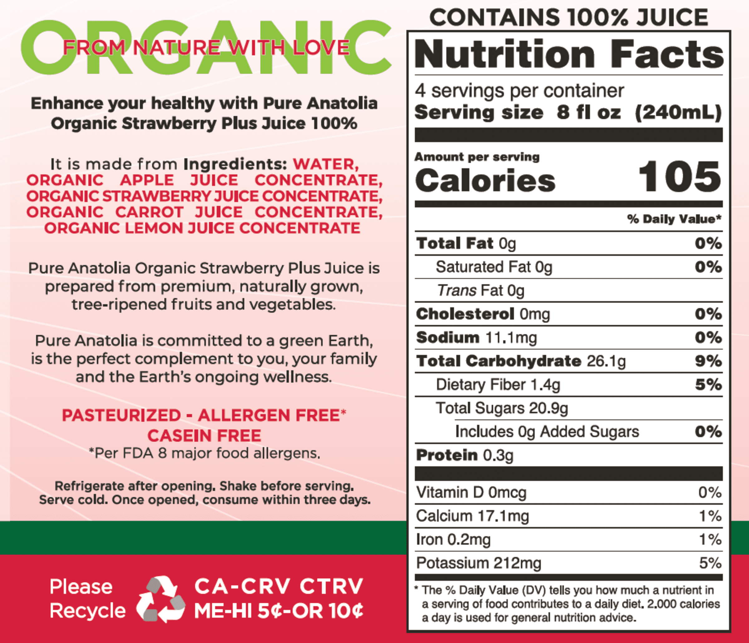 (6 pack) Pure Anatolia Organic Strawberry Juice, 32 Fl Oz Glass Bottle