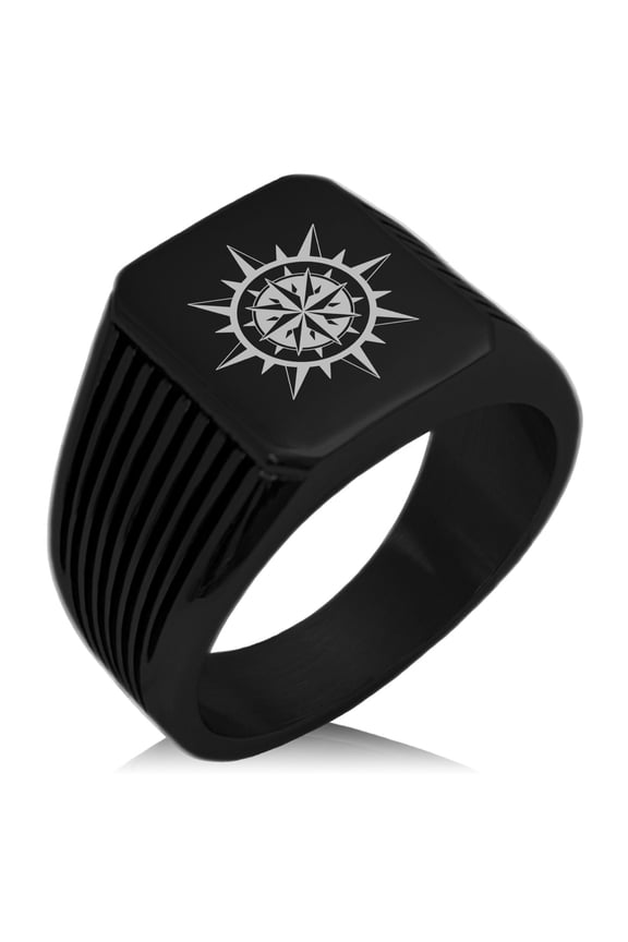 Stainless Steel Nautical Concentric Compass Needle Stripe Pattern Biker Style Polished Ring