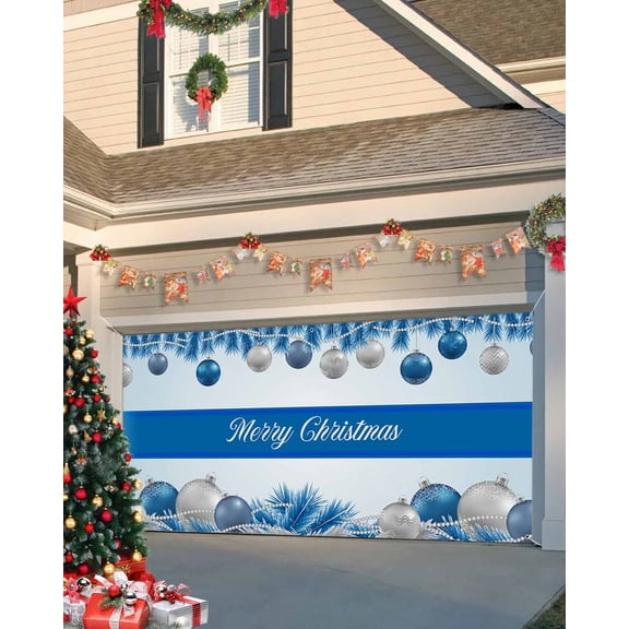 Garage Door Banner Cover 6 x 13 ft, Merry Christmas Blue Lantern Pine Ombre Texture Christmas Garage Door Decorations Holiday Christmas Backdrop Decor for Winter New Year Xmas Party