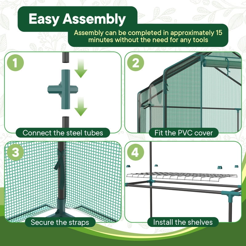 Gianna Mini Walk-in Greenhouse Plant Tent with 5/8" Powder-Coated Steel Frame & 22Lbs Capacity Shelves, Weather-Resistant for Outdoor Gardening, 56.3" x 56.3" x 76.77"，Green