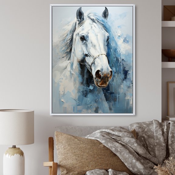 Designart "White Blue Horse Serenity Revealed Painting II" Animals Floater Framed Wall Decor
