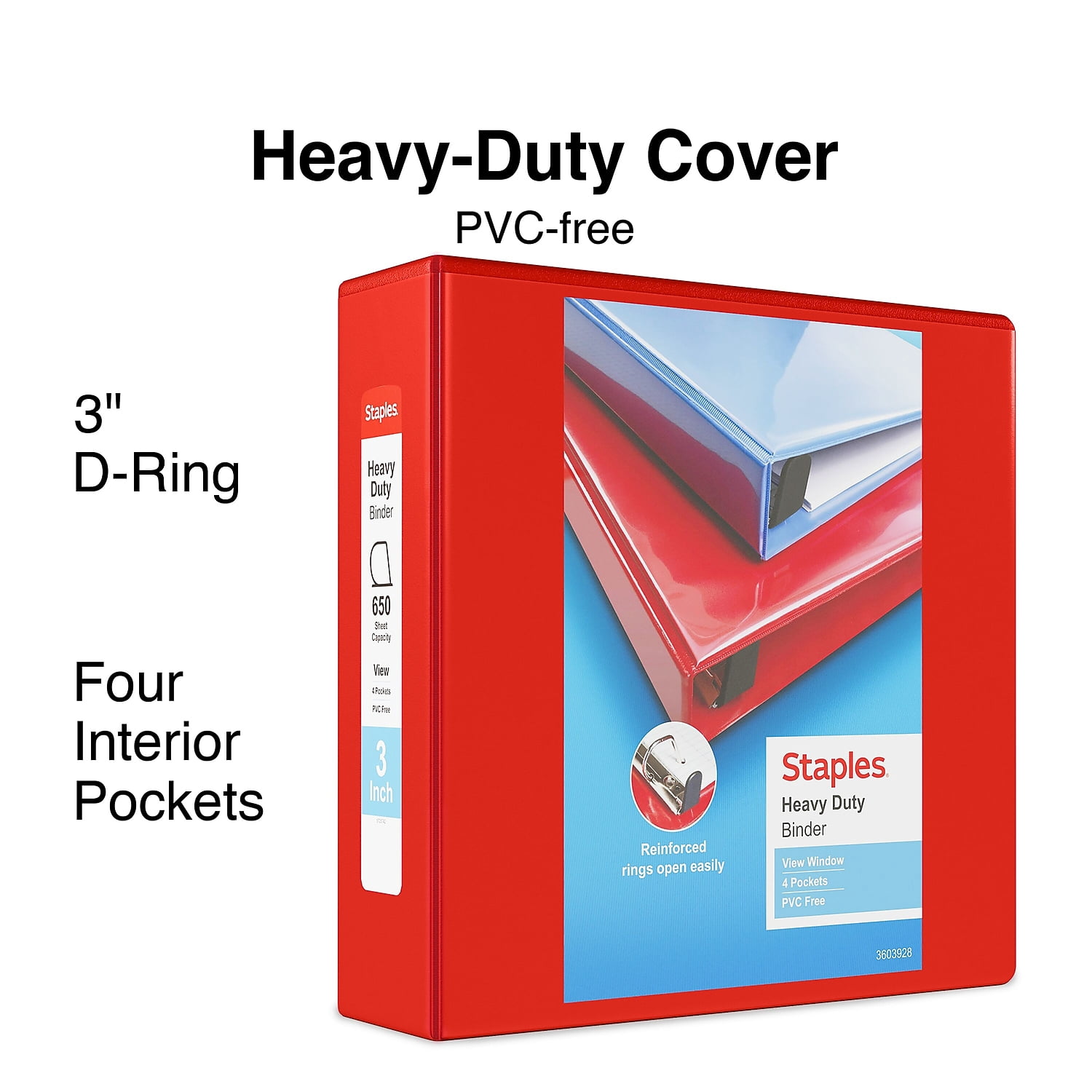 3" Staples Heavy-Duty View Binders with D-Rings Red 976064