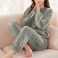 thumbnail image 4 of YHAJDS Sleepwear for Women Pajama Set Women's Pajama Sets Solid Color Coral Fleece Long Sleeve Top And Pants With Zipper And Pockets Warm Loungewear for Fall Winter, 4 of 5