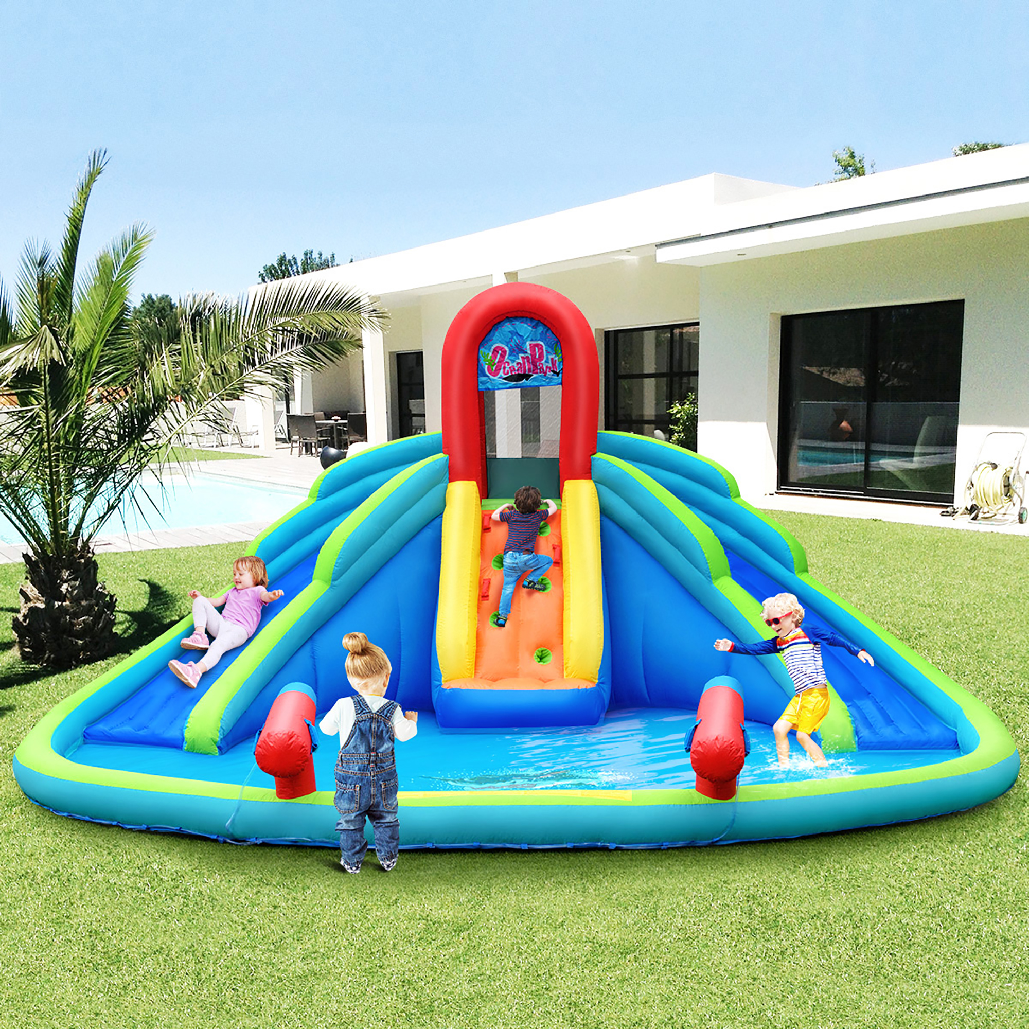 Costway Inflatable Bounce House Kids Water Splash Pool Dual Slides Climbing Wall without Blower - image 4 of 10