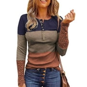 Gvmfive Women Lace Patchwork Long Sleeve Shirt Tops Round Neck Buttons Casual Blouse