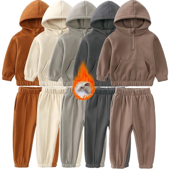 Zwiiyzr 1-7 Years Boys Girls 2Pcs Jogger Outfits Set Fleece Hooded Pullover   Sweatpants Athletic Sweatsuits Fall Winter Clothes Beige
