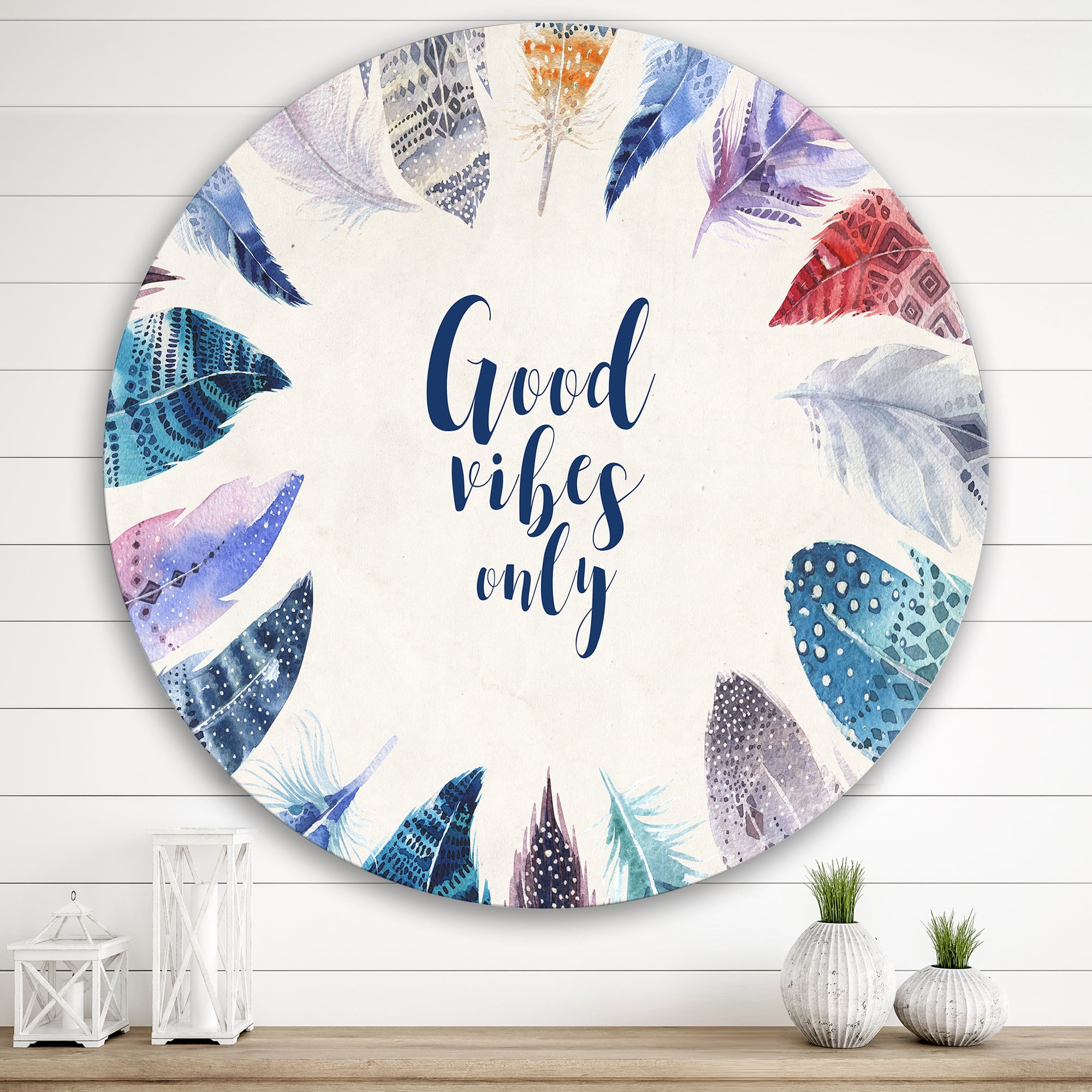 Designart 'Good VIbes Only Under Vibrant Blue Feathers' Bohemian & Eclectic Circle Metal Wall Art 29x29 - Disc of 29
