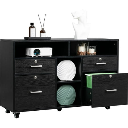 VINGLI Rolling 4-Drawer File Cabinet with Lock and Shelves, Wood Lateral Filling Printer Stand for Home Office, Black