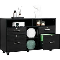 VINGLI Rolling 4-Drawer File Cabinet with Lock and Shelves, Wood Lateral Filling Printer Stand for Home Office, Black