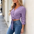 thumbnail image 4 of ClodeEU Women's V Neck Long Sleeve Button Down Bow Waist Crop Shirt Top, Casual Solid Color Blouse Purple,Women's Plus L, 4 of 7