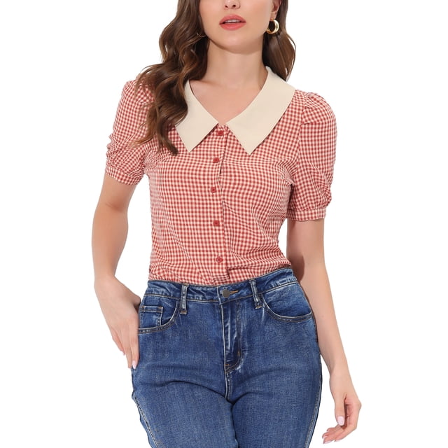 INSPIRE CHIC Women's Plaid Contrast Collar Puff Sleeve Button Down Shirt Tops XL Red