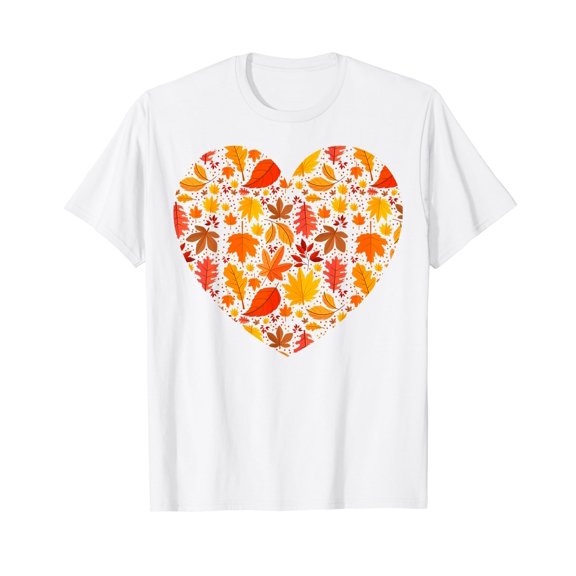 Autumn Leaves Heart Shape Pattern Fall Season Graphic White T-Shirt