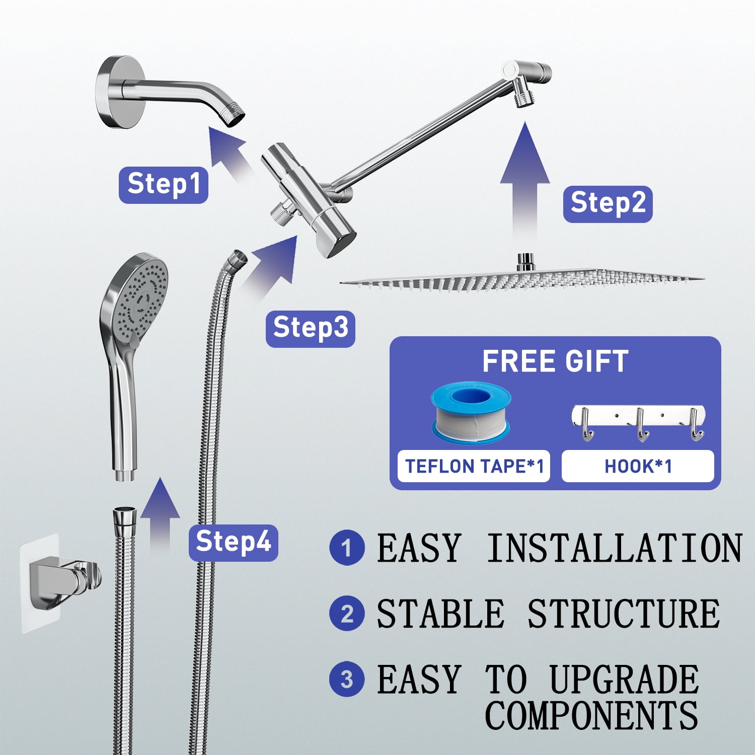 DTIG 12-Inch Rain Shower Head with 5 Settings, High-Pressure Handheld Showerhead, Bracket, and Hose, Silver