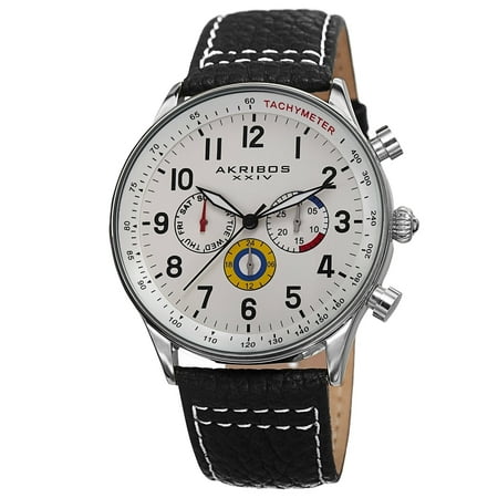 Akribos XXIV Men's Swiss Quartz Multifunction Tachymeter Leather Brown Strap Watch
