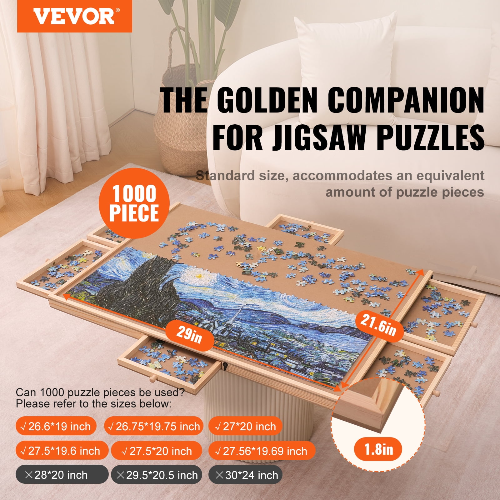 KFFKFF Pine 1000 Piece Pieces Puzzles, Puzzle Board, Puzzle Table, Portable Puzzle Tables，30"x21.6" Rotating Wooden Jigsaw Puzzle Plateau for Adults & Kids & Elder