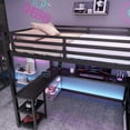 thumbnail image 2 of Full Size Loft Bed with Desk and Storage, Metal Loft Bed Frame with Stairs and LED Light, Gaming Loft Bed with Charging Station, Storage Wardrobe and Shelves for Adults Teens Black, 2 of 12