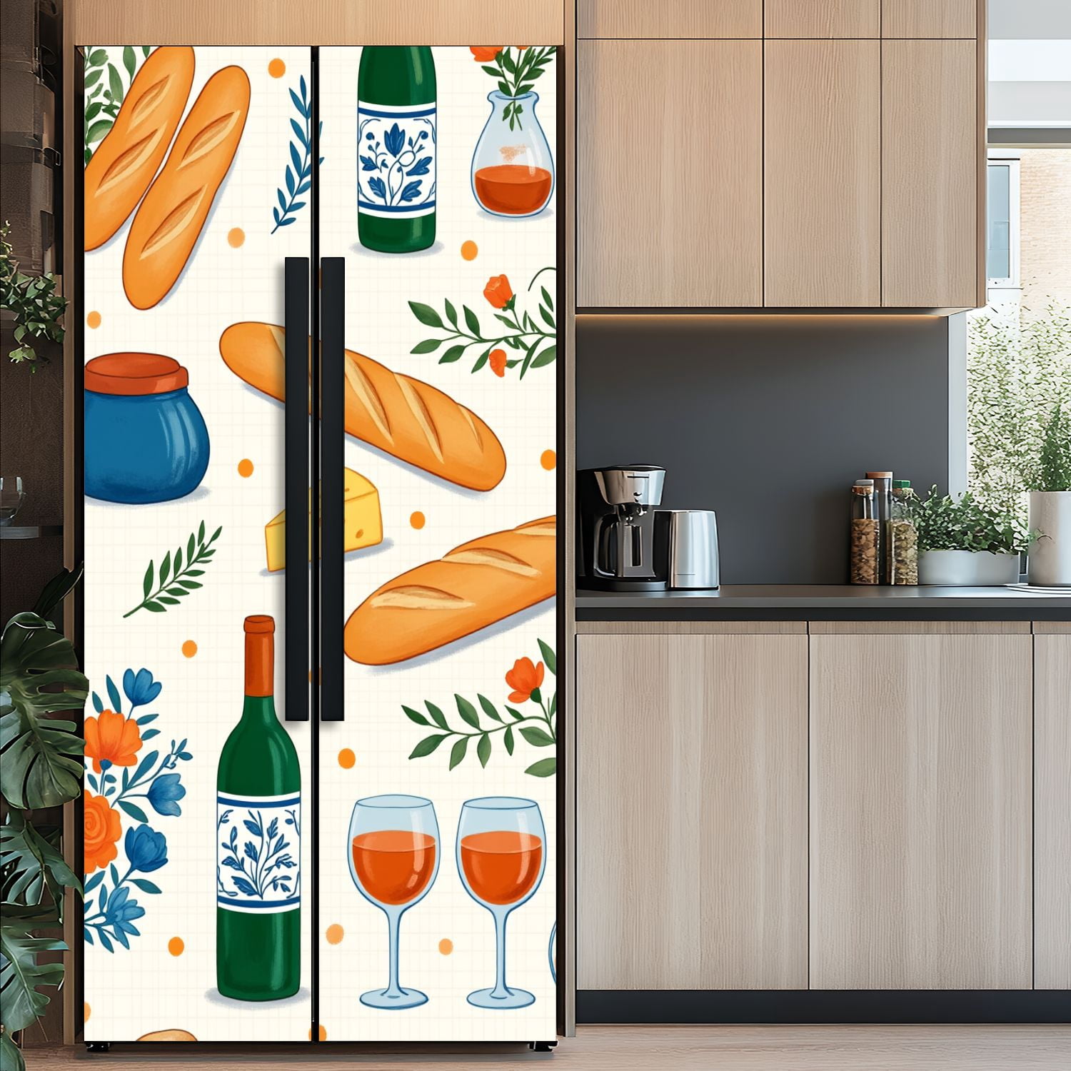 Self Adhesive Vinyl Refrigerator Wrap Set Wine Cheese Bread Floral Accents Cozy Picnic Door Mural Removable Fridge Sticker Peel and Stick&nbsp;Full Door Cover Decal Kitchen Bar Decor