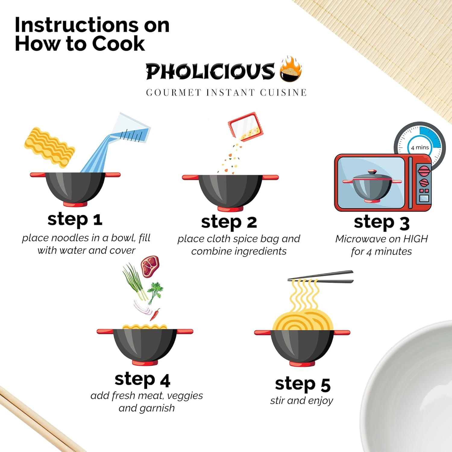 Pholicious Instant Pho Variety Pack, Vietnamese Rice Noodle Soup, 4 Count Combo Box, 2 Chicken & 2 Beef Single Serve 3.6 Ounce Bowls, Ramen Alternative & Fresh Ingredients, As Seen on Shark Tank