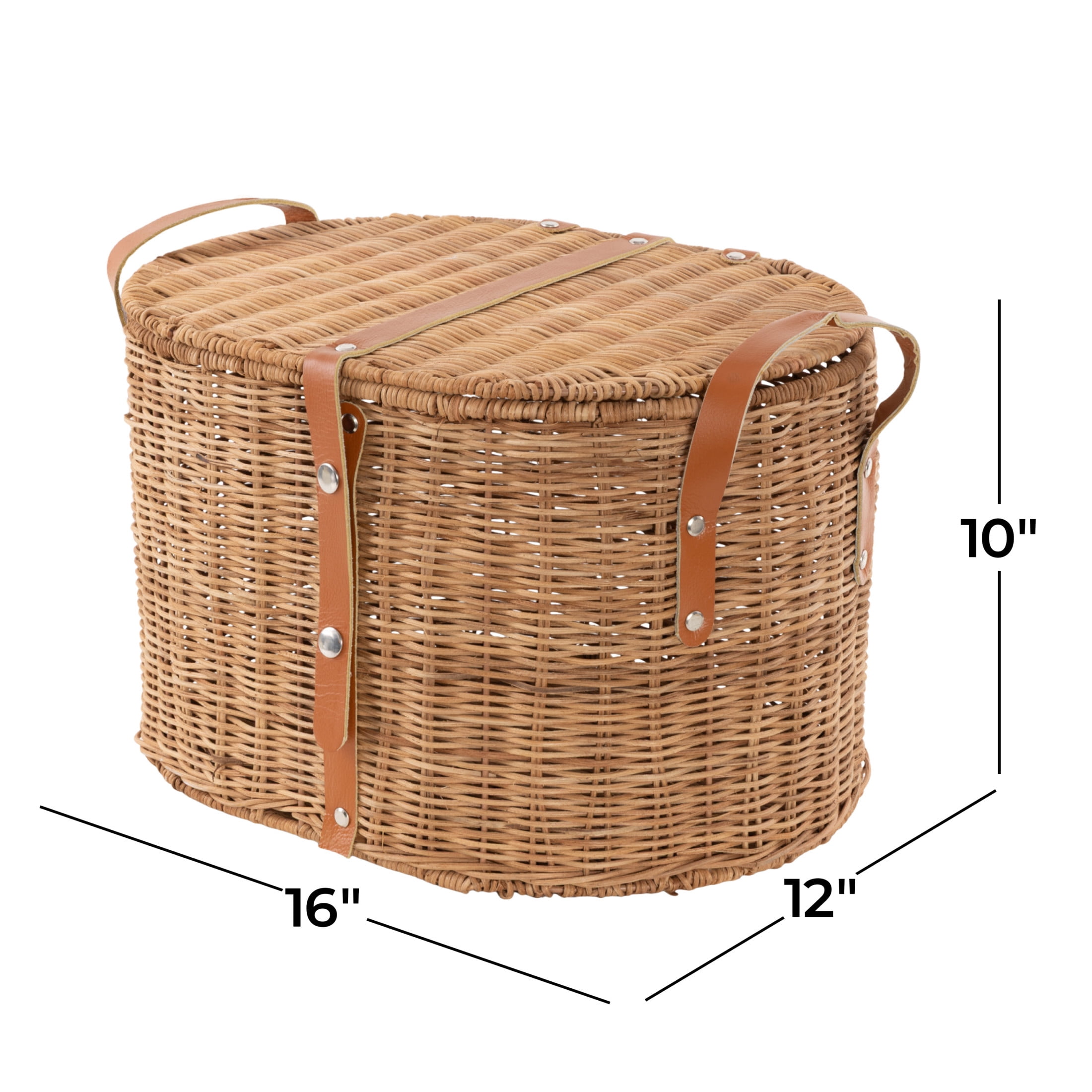 DecMode 16" x 10" Brown Rattan Handmade Woven Storage Basket with Lid and Leather Handles, 1-Piece
