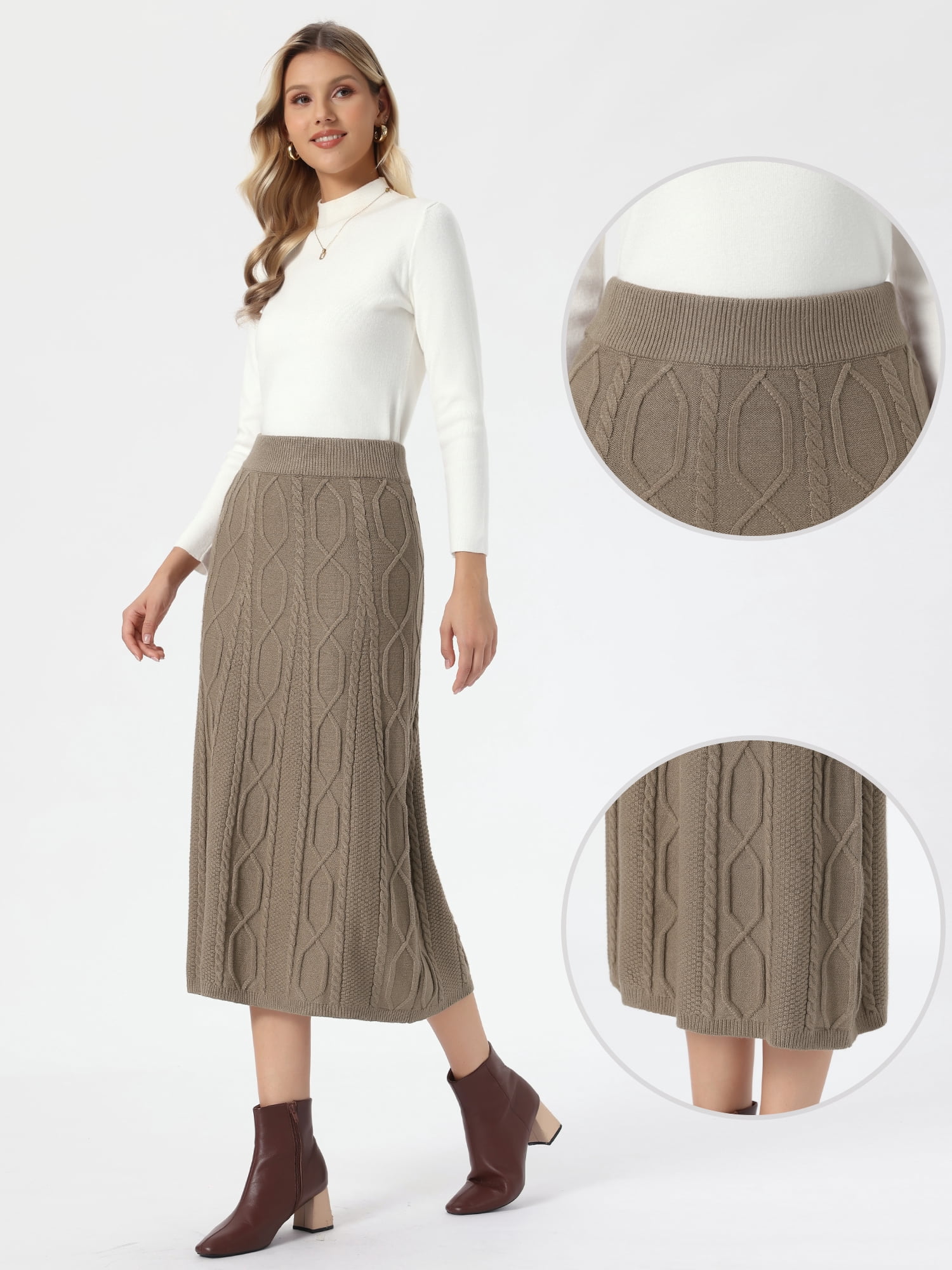 DARING DIVA Women's Cable Knit Sweater Skirt A-Line Ribbed Knit Midi Skirt XL Brown