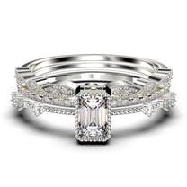 Art Deco 2.25 Carat Emerald Cut Diamond Moissanite Thin Engagement Ring, Slim Wedding Ring in 10k Solid White Gold, Trio Rings Set, Holiday Gift, Promise Ring, Anniversary Ring