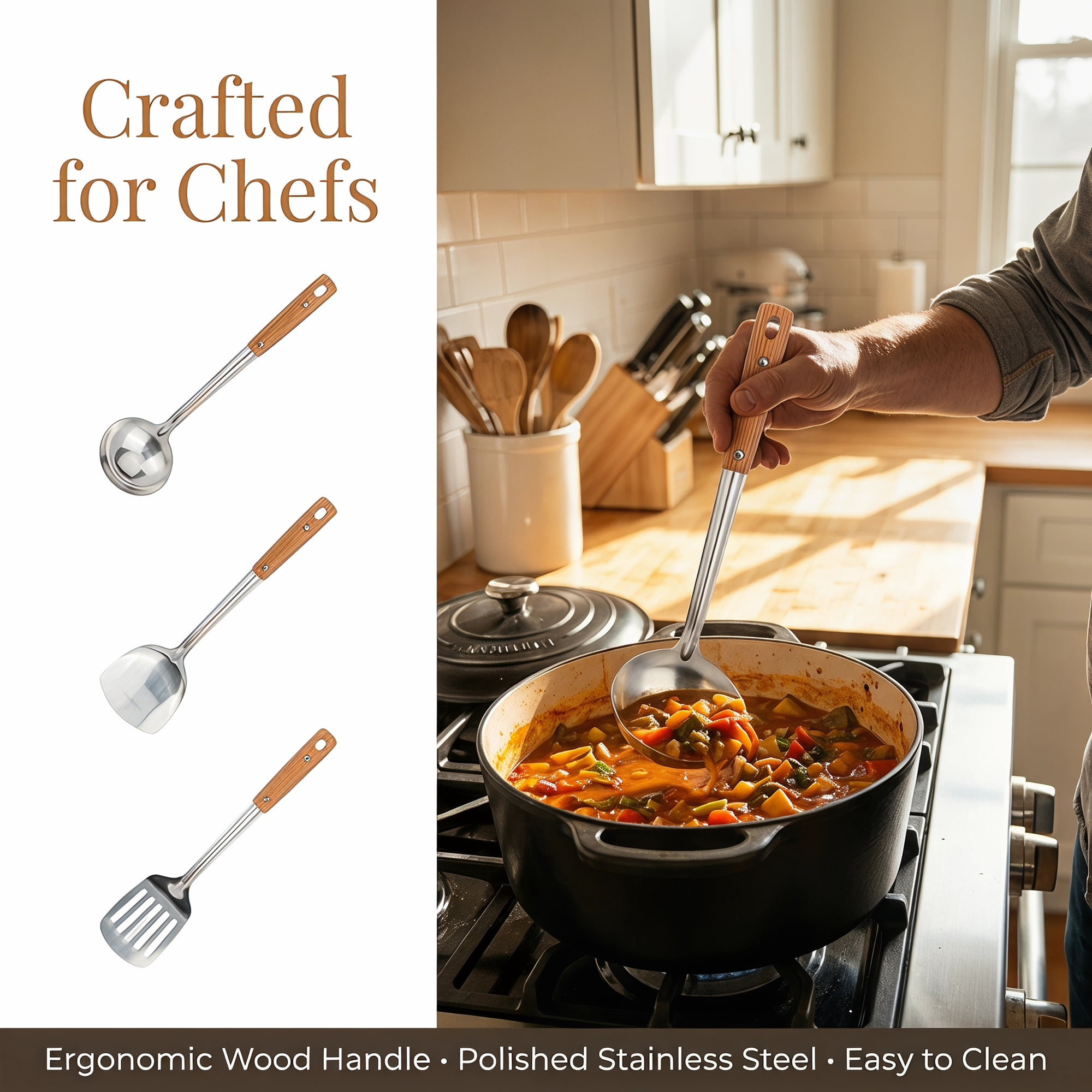 Unique Bargains Cooking Utensil Set, Stainless Steel Kitchen Gadgets Silver-Wood B 3pcs