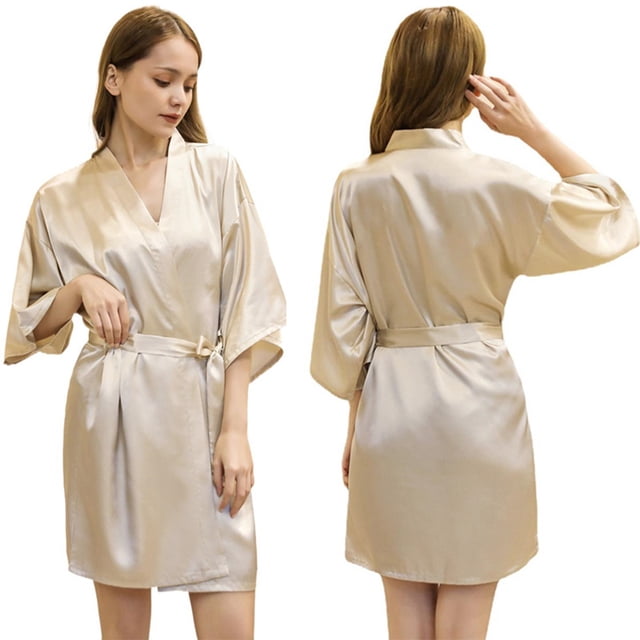 Fjuchai Women's Silk Satin Robes Silky Night-Robe Short Bathrobe Sleepwear Short Robe Solid Color Pjs S-XXL