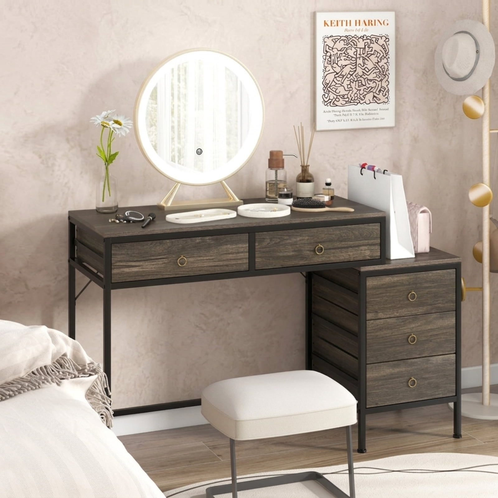 Furnibear Computer Desk with 5 Drawers, Home Office Desk with Side File Cabinet and Metal Frame for Study Writing Working, Grey