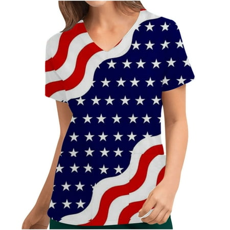 

SOOMLON 4th of July Shirts Women American Flag T Shirts Star Stripes Patriotic Shirts Top Independence Day Print Scrubs Tops Pocket Blouse Nursing Uniform V-Neck Short Sleeve Dark Blue M