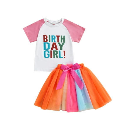 

aturustex Toddler Girls Summer Outfit Birthday Girl Shinny Letter Print Top Colorful Patchwork Tutu Skirts 2Pcs Outfits (White 1-7 Years )