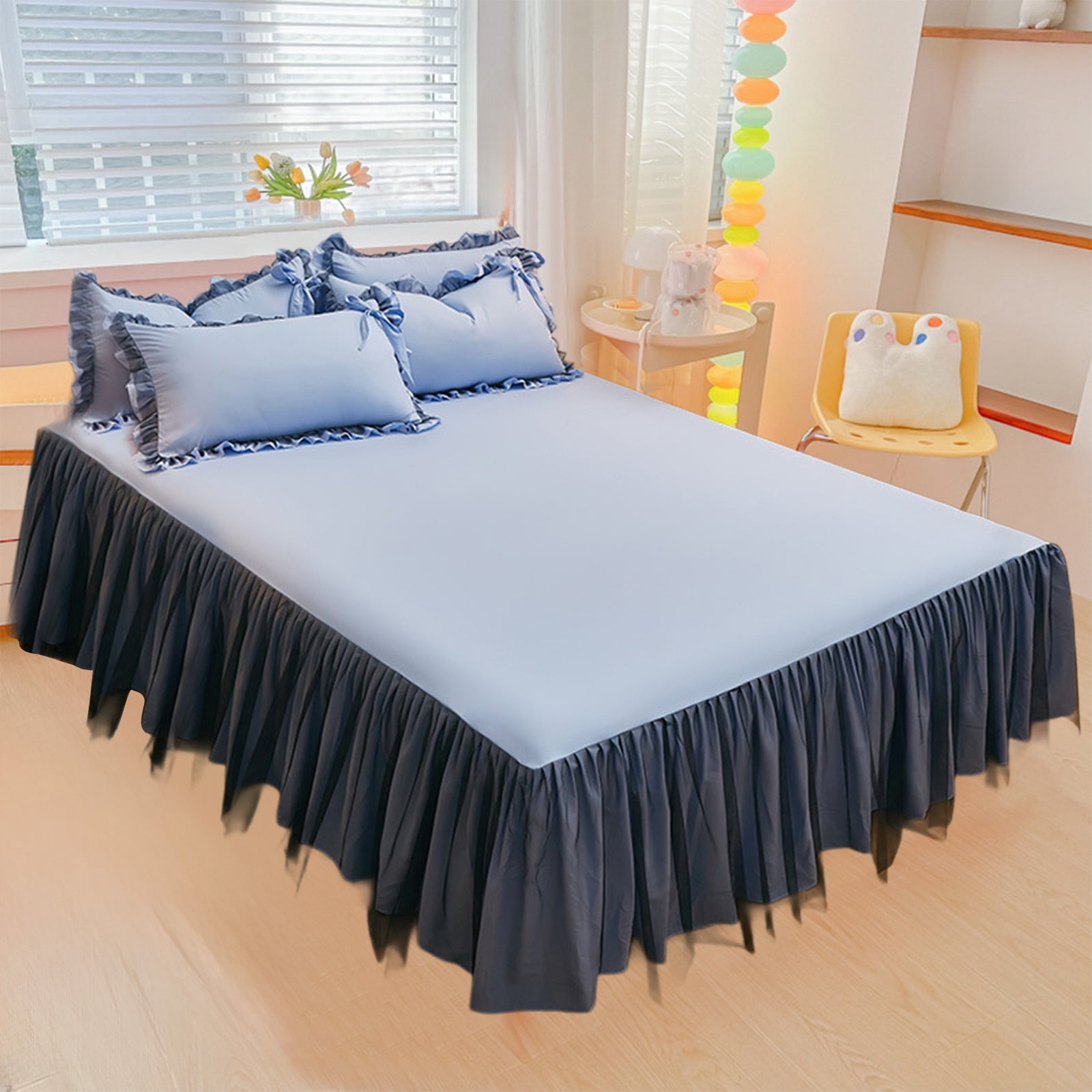 Tunhigl Queen Mattress Cover with Bed Skirt, Fitted Sheet, Anti-Slip Dust Barrier, Fitted Ruffle 15" Drop, Machine-Washable Microfiber, Deep-Pocket for 8-18" Mattress, Home Hotel Use Blue