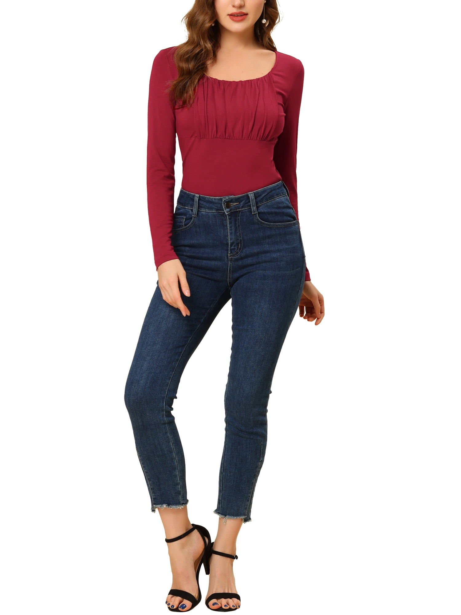 Unique Bargains Women's Solid Ruched Front Scoop Neck Long Sleeve Blouse Tops Burgundy X-Large