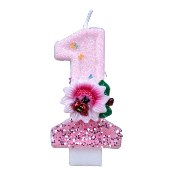 Pink Glitter Number Candle, Floral Cake Topper, Pink Glitter Number 1 Birthday Candle With Flower & Ladybug Figurine, Cake Topper for Garden Birthday Party Decorations, Flower K Number 1