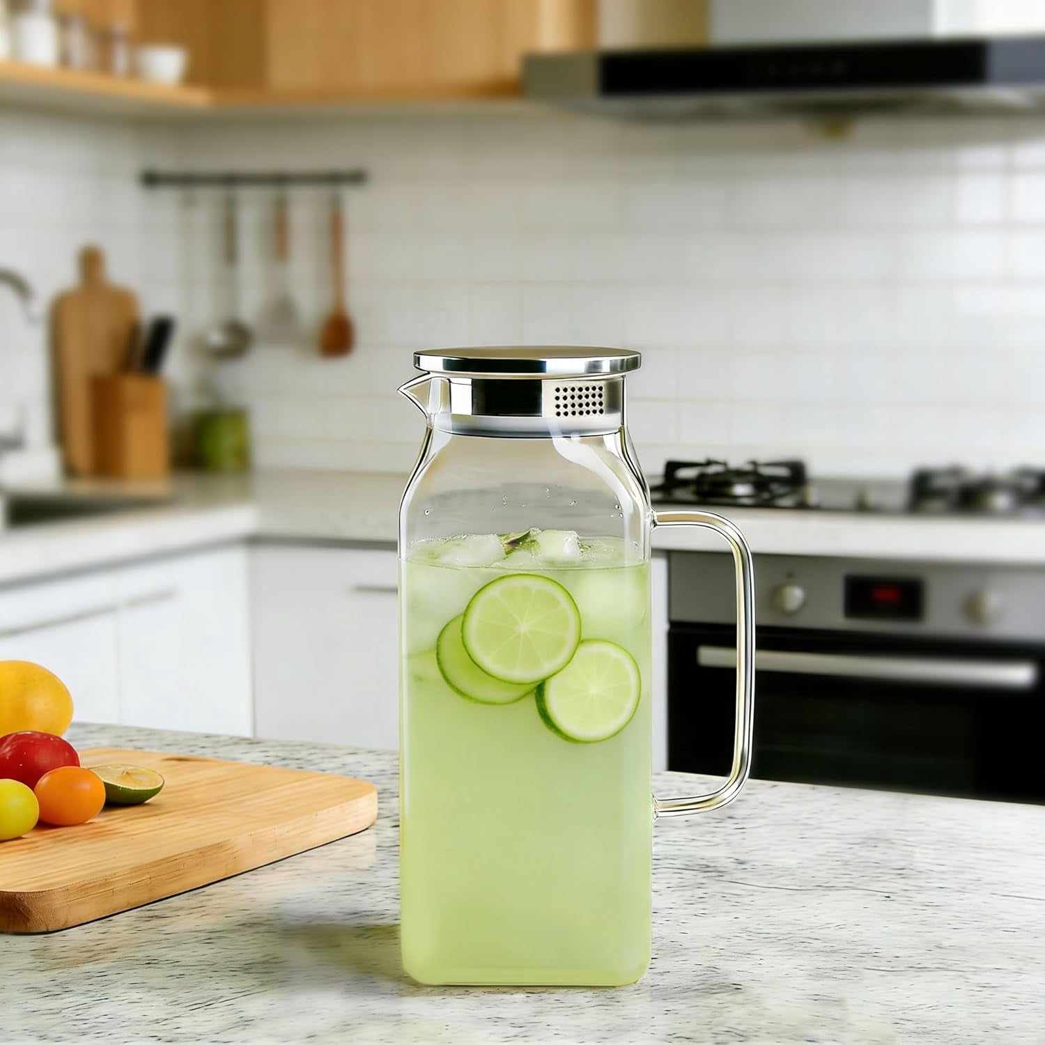 2 Pack 68 oz Square Glass Pitcher with Lid and Handle for Fridge, Iced Tea and Coffee Carafe Beverage Serveware, Heat Resistant Borosilicate Water Jug for Hot/Cold Drinks and Milk