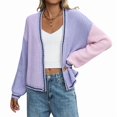thumbnail image 2 of Women'S Color Block Open Front Cardigan Contrast Striped Chunky Cardigan Sweater Outerwear Coat Purple XL, 2 of 9
