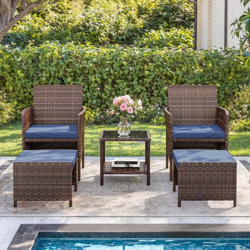 ELPOSUN 5 Piece Patio Furniture Set, Outdoor Conversation Wicker Chairs for Two with Ottoman Underneath,Brown Rattan,Navy
