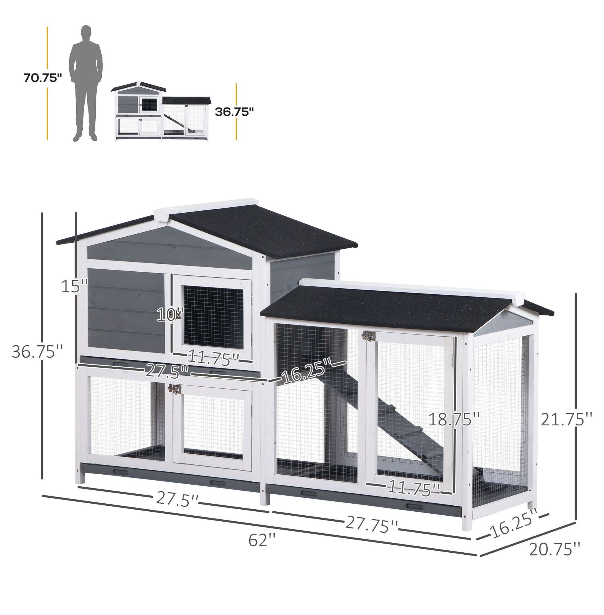 Rabbit Hutch 2-Story Wooden Bunny Cage with Ramp & Weatherproof Roof - Outdoor Small Animal House for 2-4 Rabbits - Gray