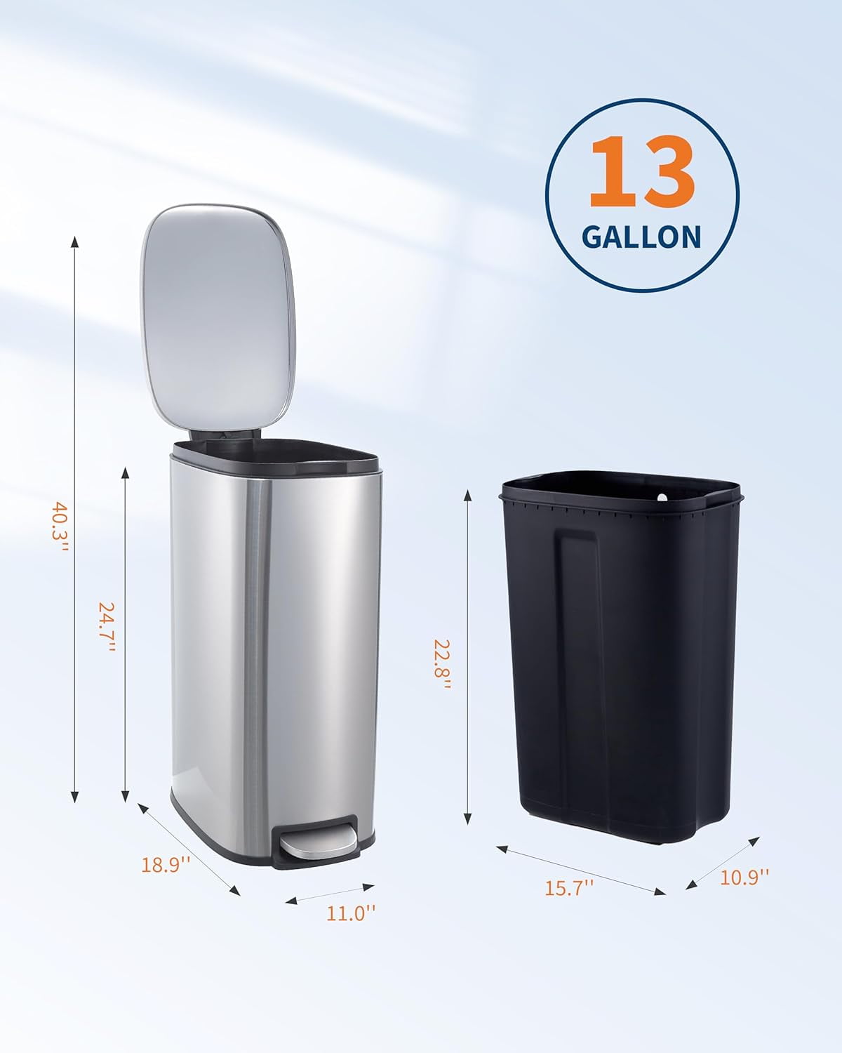13 gal Slim Trash Can, Step Garbage Can with Soft-Close Lid, Stainless Steel Recycling Bin Waste Container with Removable Inner Bucket for Kitchen, Bathroom, Office (Silver)