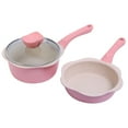 thumbnail image 1 of Pink 2-Piece Non-Stick Cookware Set: 6.3" Milk Saucepan with Tempered Glass Lid & 6.3" Fry Pan - Five-Ply Base for Even Heating, Rubber Non-Slip Handle, Hanging Loop Storage - Ideal for Baby Food,, 1 of 6