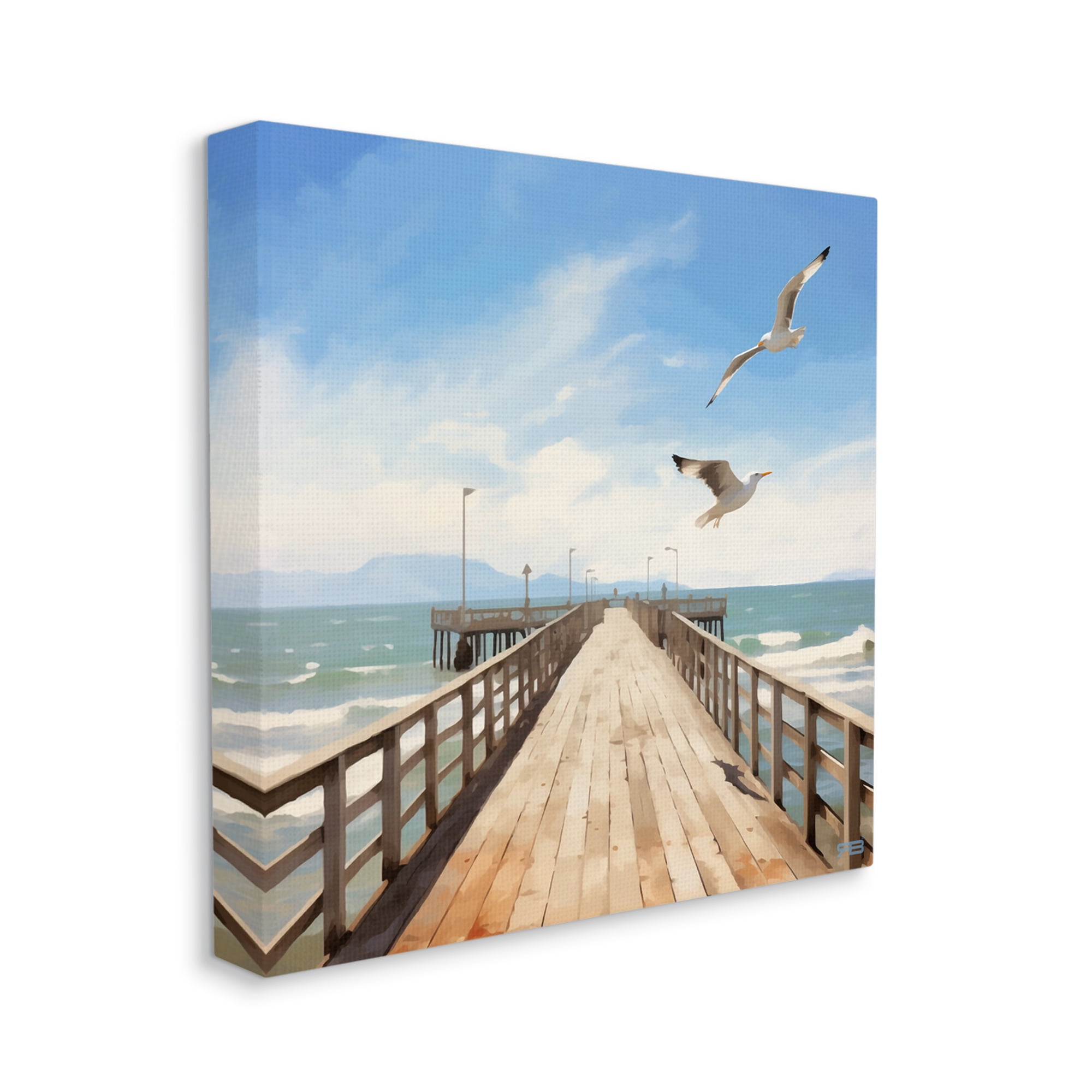 Stupell Industries Seagulls over Pier Landscape Painting Gallery Wrapped Canvas Art Print Wall Art, 30 x 30