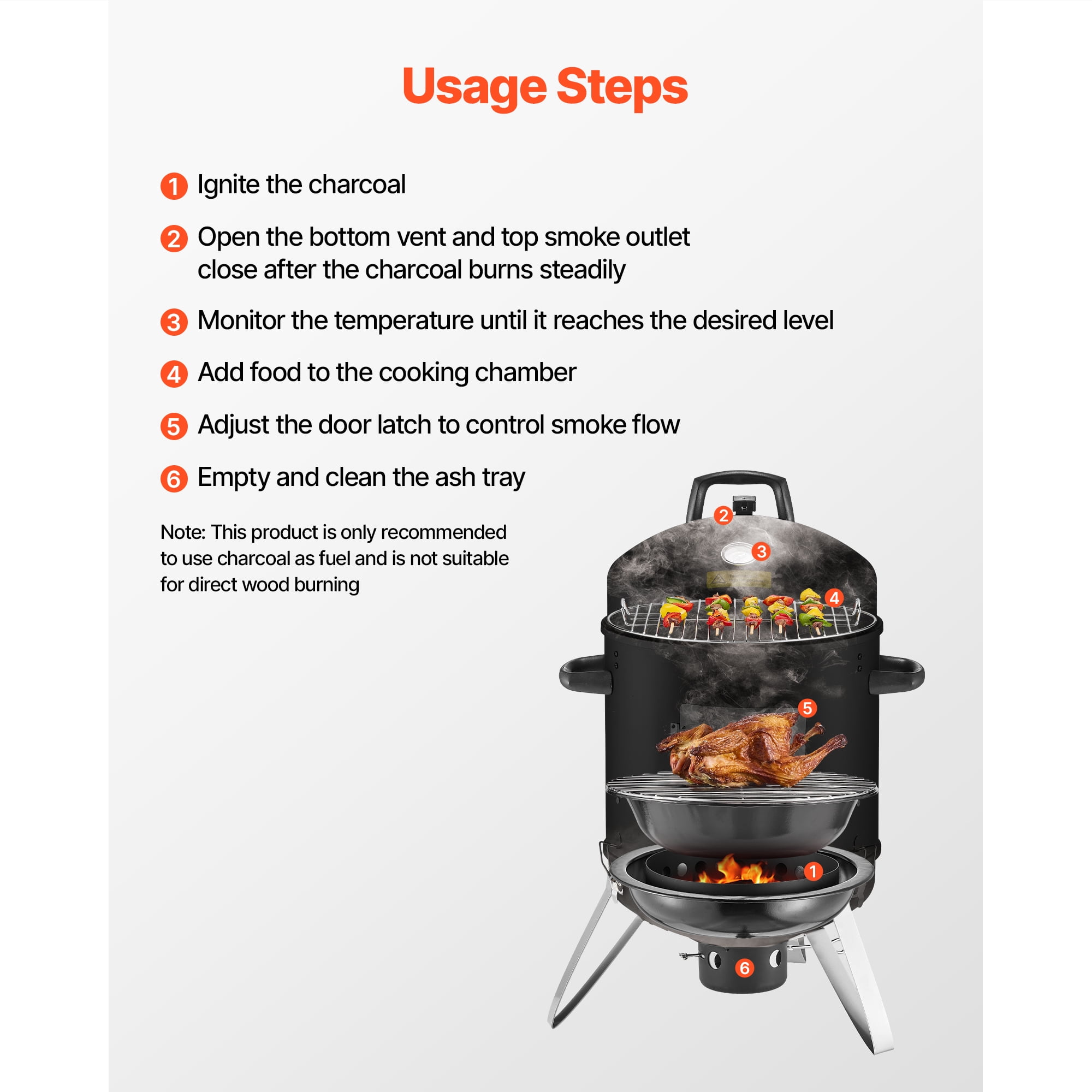 KFFKFF 16" Vertical Charcoal BBQ Grill, Coated Steel Smoker with Dual Grates, Built-in Thermometer, Adjustable Air Vents, and Removable Ash Tray, Perfect for Outdoor Cooking and Gatherings